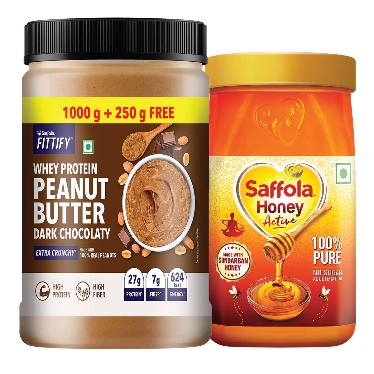 Morning Add-on Combo (Saffola Fittify Whey Protein Peanut Butter Extra Crunchy 1250g + Saffola Honey Active Pet Jar 1kg)