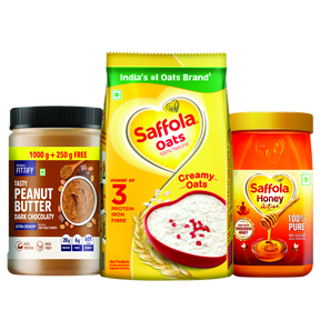 Breakfast Combo (Saffola Fittify Tasty Peanut Butter Dark Chocolaty Extra Crunchy 1250g + Saffola Oats 1kg + Saffola Honey Active Pet Jar 1kg