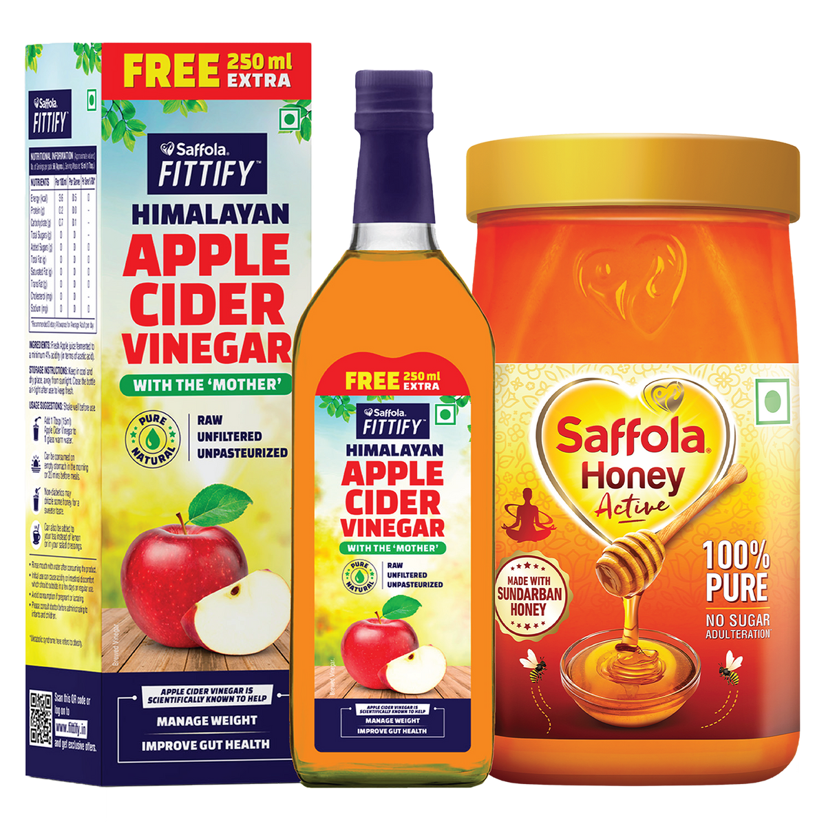 Wellness Combo (Saffola Fittify Apple Cider Vinegar with the Mother – 1000ml + Saffola Honey Active Pet Jar 1kg)