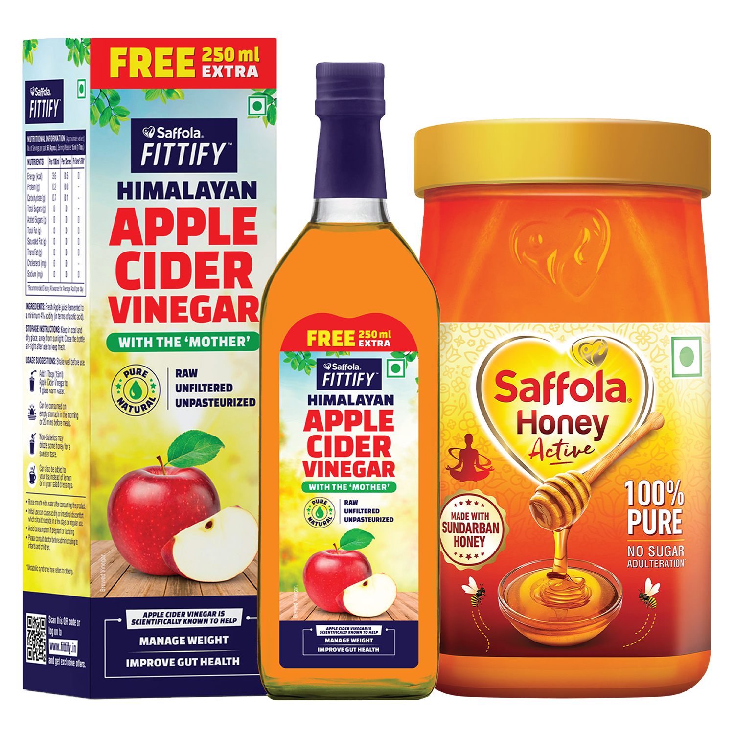 Wellness Combo (Saffola Fittify Apple Cider Vinegar with the Mother – 1000ml + Saffola Honey Active Pet Jar 1kg)