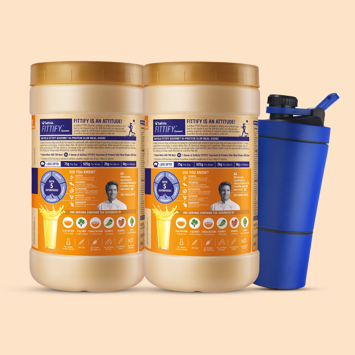 [SALE] Saffola Fittify Hi-Protein Slim Meal Shake Royal Kesar Pista BOGO + Metal Blue Shaker With Compartment 500ml Combo