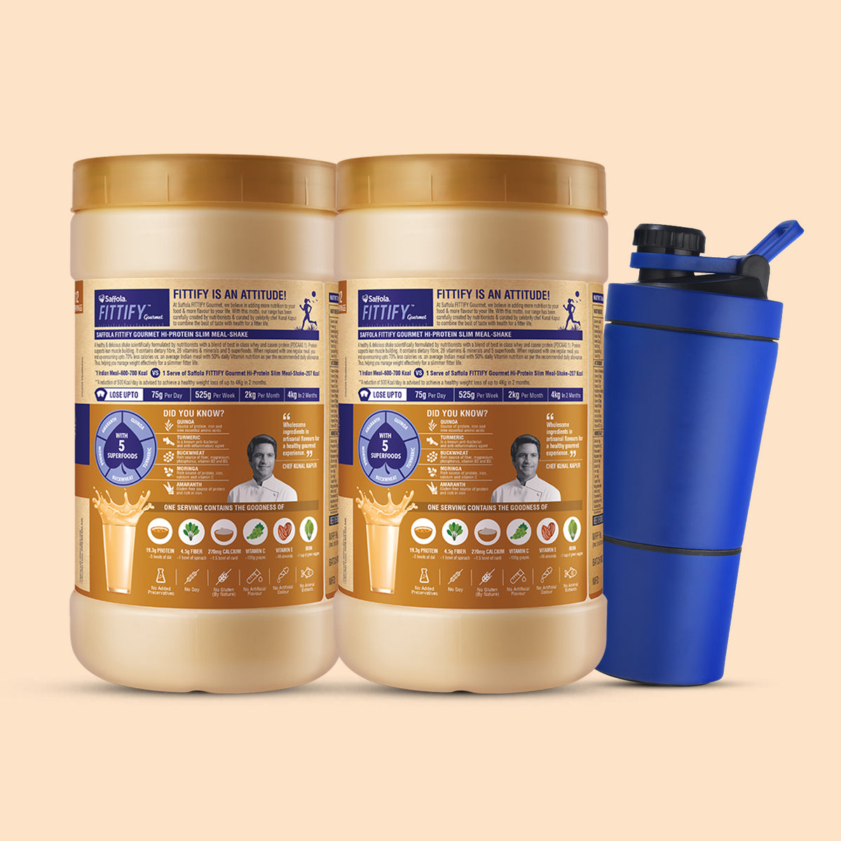 Saffola Fittify Hi-Protein Slim Meal Shake Coffee Caramel BOGO + Metal Blue Shaker With Compartment 500ml Combo