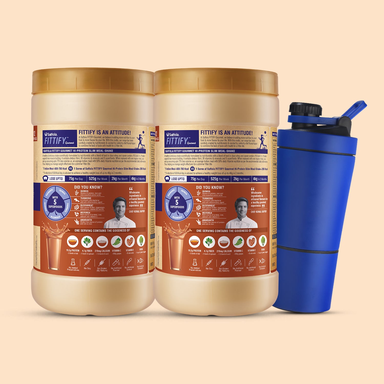 [SALE] Saffola Fittify Hi-Protein Slim Meal Shake Swiss Chocolate BOGO + Metal Blue Shaker With Compartment 500ml Combo