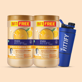Saffola FittifyHi-Protein Slim Meal Shake Alphonso Mango BOGO + Metal Blue Shaker With Compartment 500ml Combo