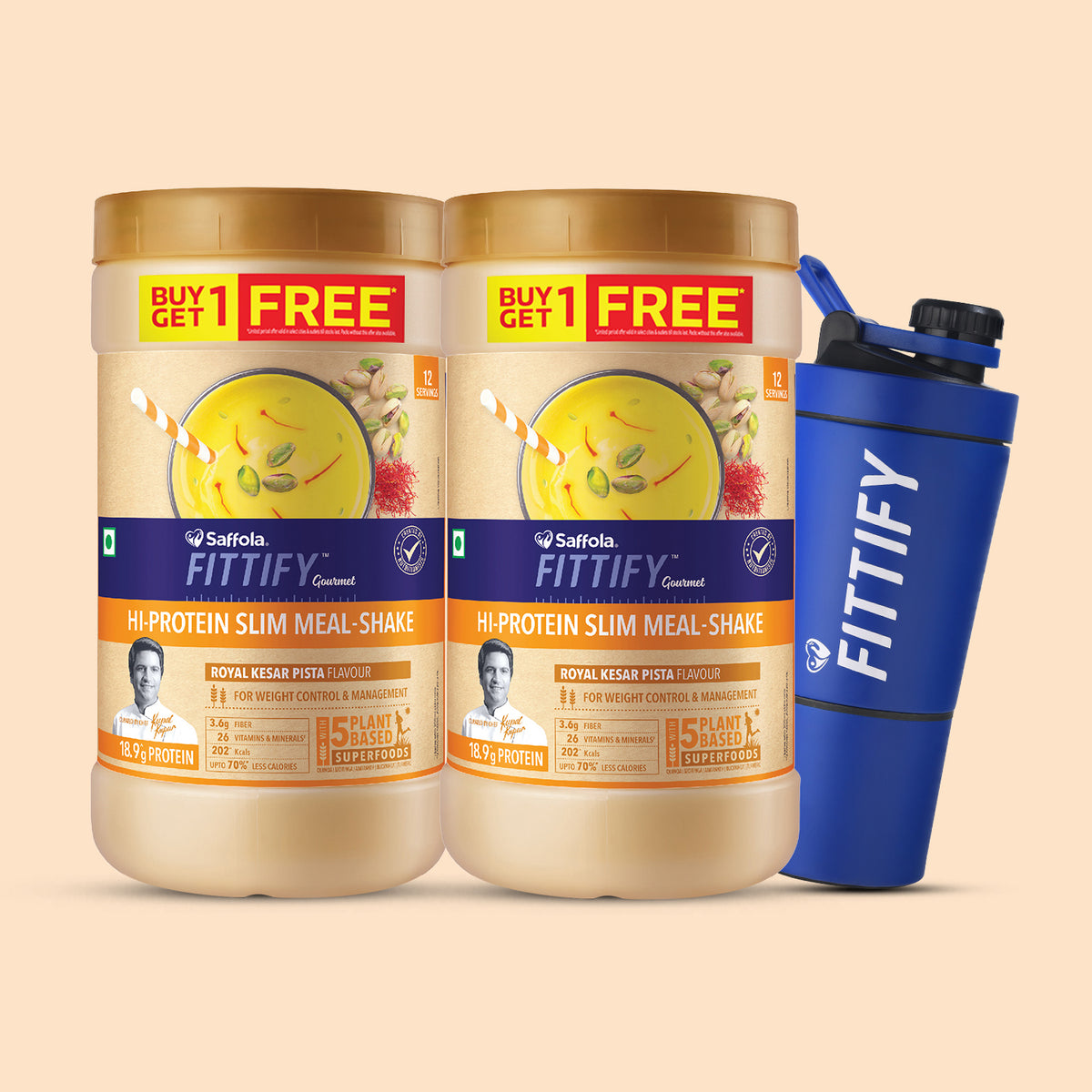 [SALE] Saffola Fittify Hi-Protein Slim Meal Shake Royal Kesar Pista BOGO + Metal Blue Shaker With Compartment 500ml Combo