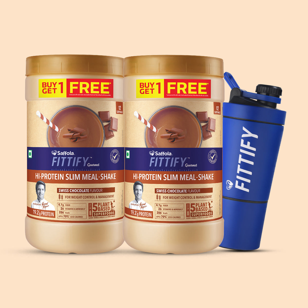 Saffola Fittify Hi-Protein Slim Meal Shake Swiss Chocolate BOGO + Metal Blue Shaker With Compartment 500ml Combo