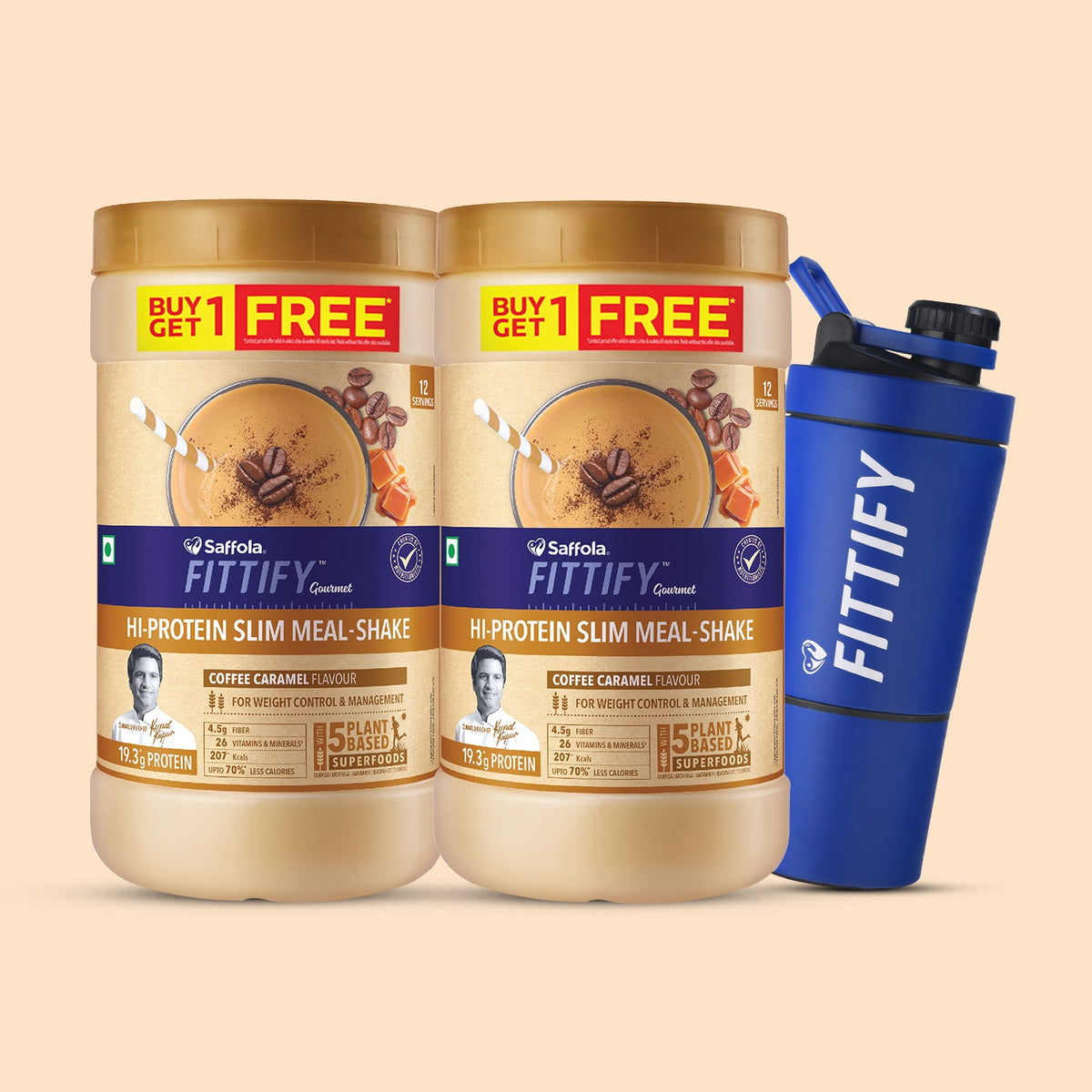 [CRED] Saffola Fittify Hi-Protein Slim Meal Shake Coffee Caramel BOGO + Metal Blue Shaker With Compartment 500ml Combo