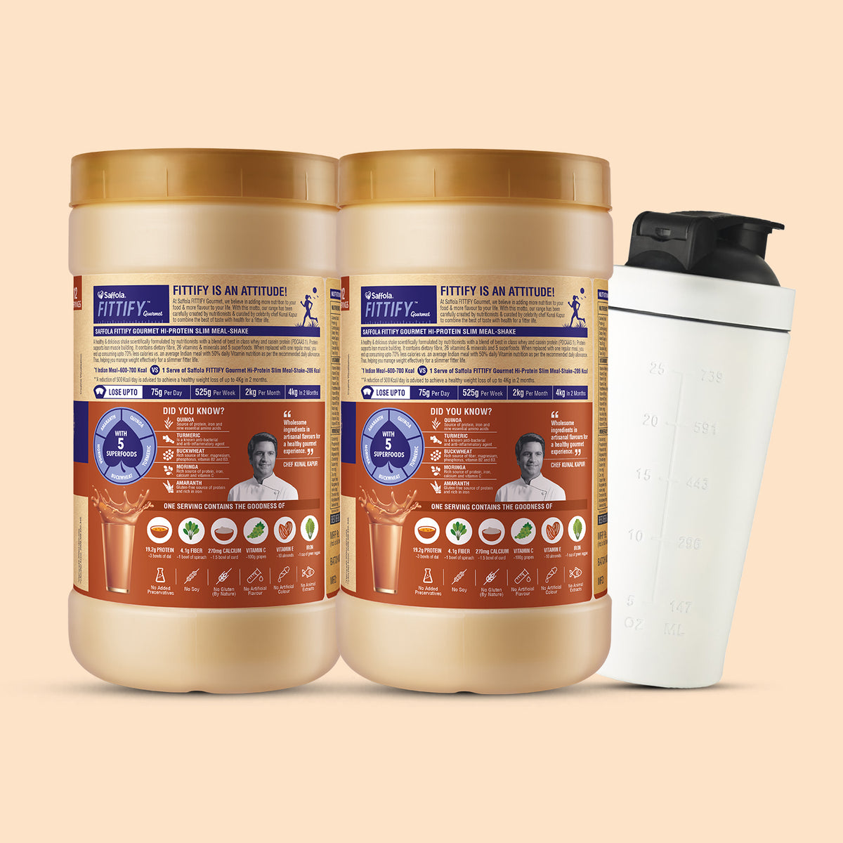[SALE] Saffola Fittify Hi-Protein Slim Meal Shake Swiss Chocolate BOGO + Metal White Shaker 700ml Combo