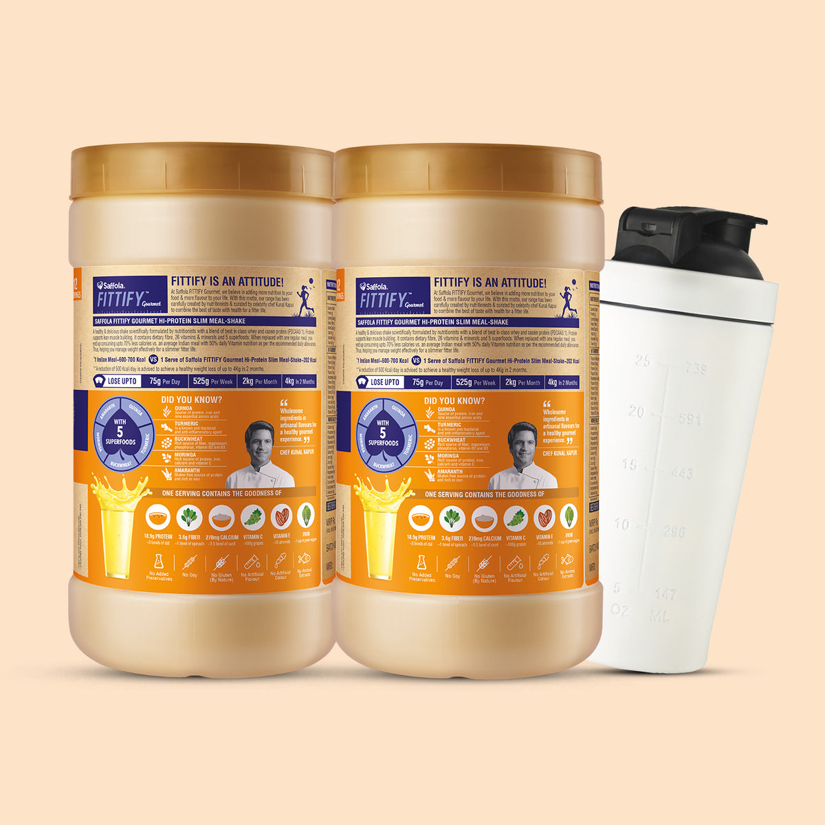 Saffola Fittify Hi-Protein Slim Meal Shake Royal Kesar Pista BOGO + Metal White Shaker 700ml Combo
