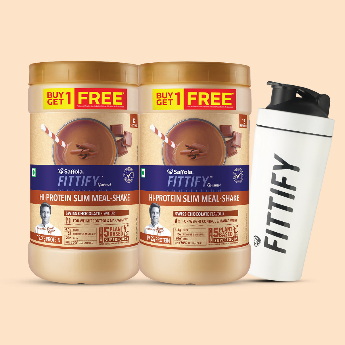 [SALE] Saffola Fittify Hi-Protein Slim Meal Shake Swiss Chocolate BOGO + Metal White Shaker 700ml Combo