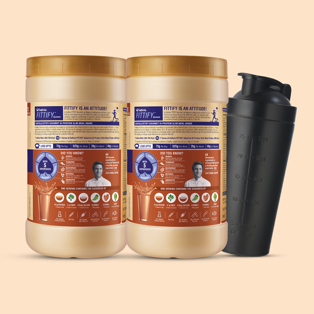 [SALE] Saffola Fittify Hi-Protein Slim Meal Shake Swiss Chocolate BOGO + Metal Black Shaker 700ml Combo