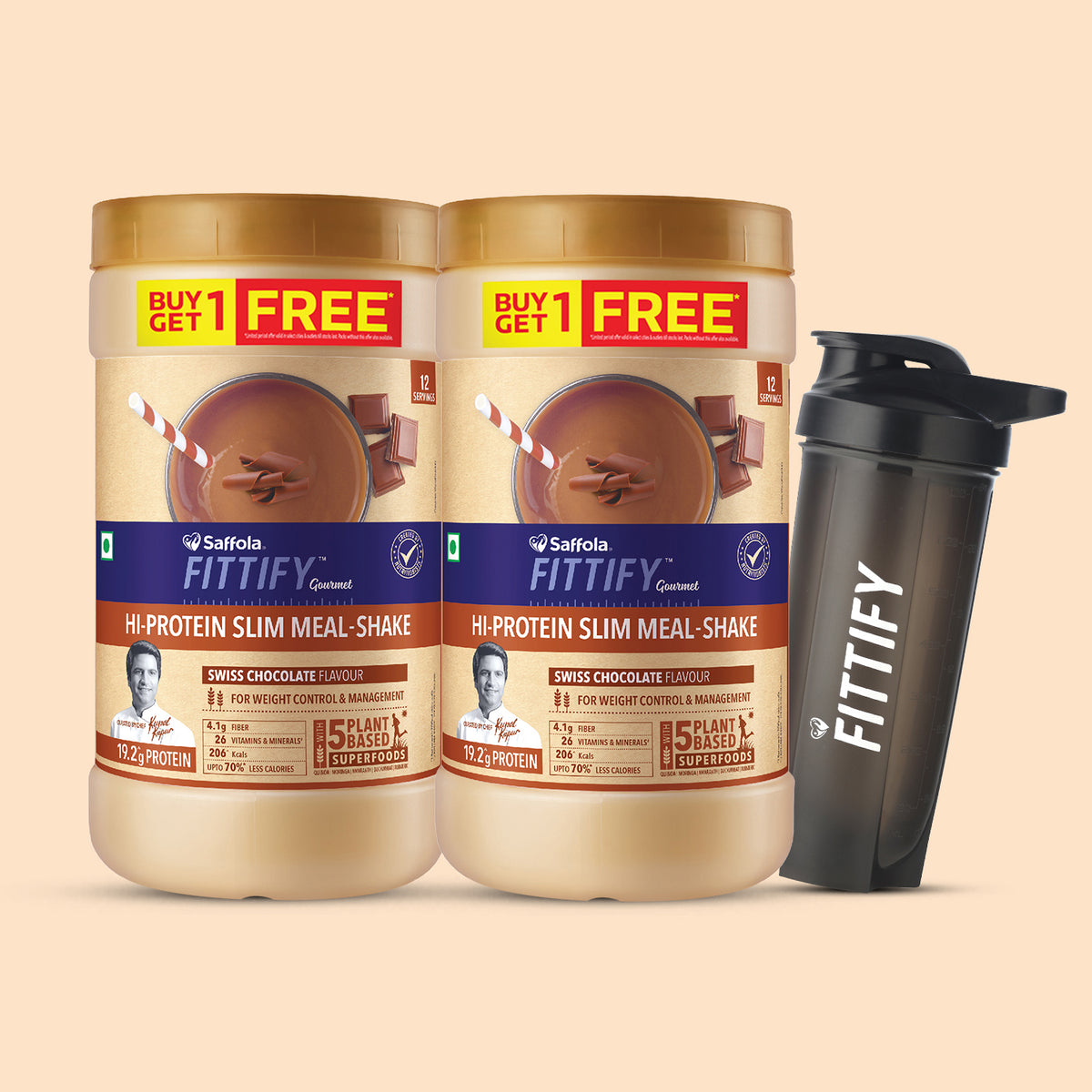 Saffola Fittify Hi-Protein Slim Meal Shake Swiss Chocolate BOGO + Plastic Black Shaker 700ml Combo