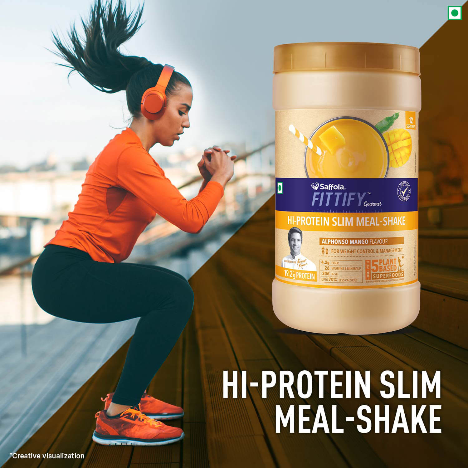 Saffola FittifyHi-Protein Slim Meal Shake Alphonso Mango BOGO + Metal Blue Shaker With Compartment 500ml Combo