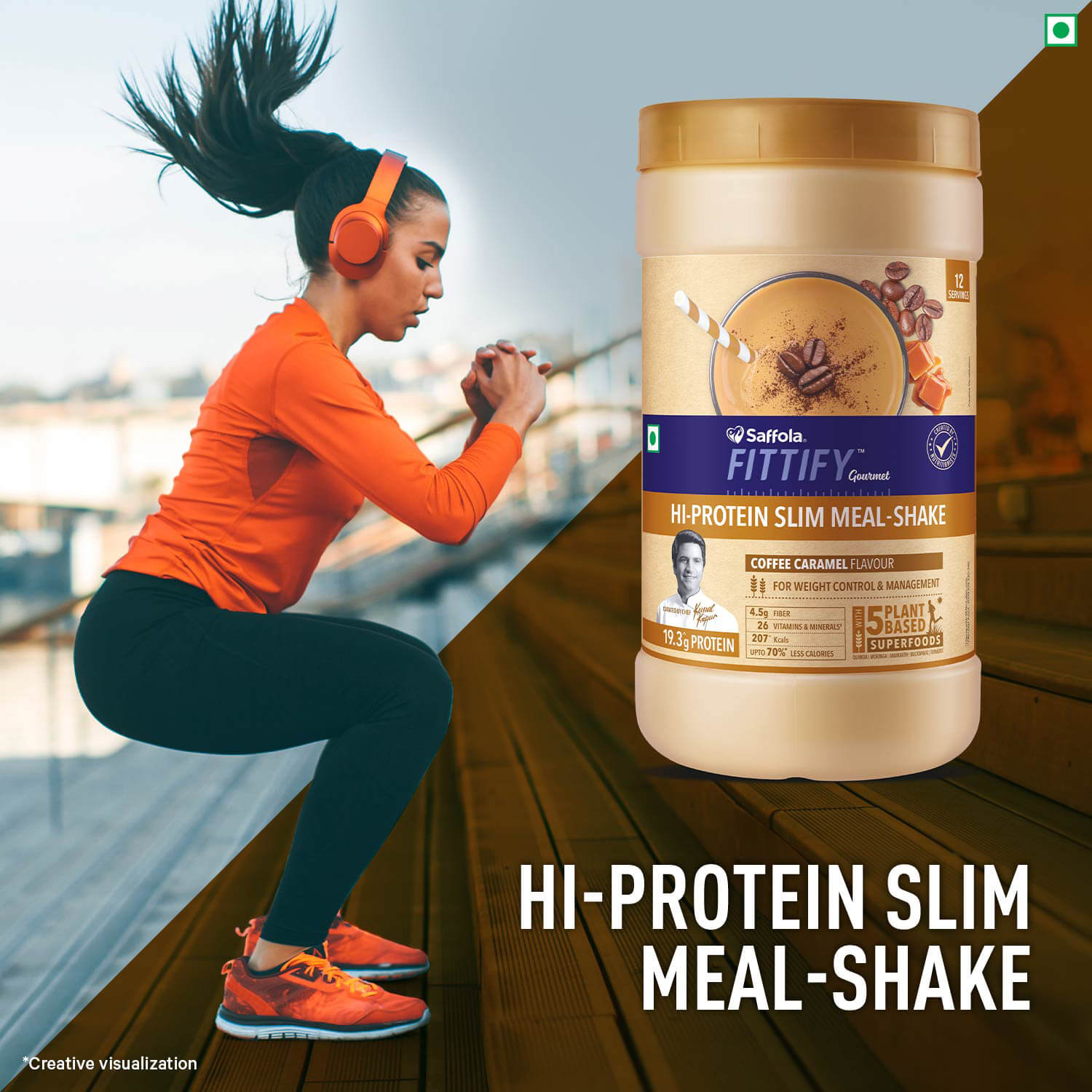 Saffola Fittify Hi-Protein Slim Meal Shake Coffee Caramel BOGO + Plastic Black Shaker 700ml Combo