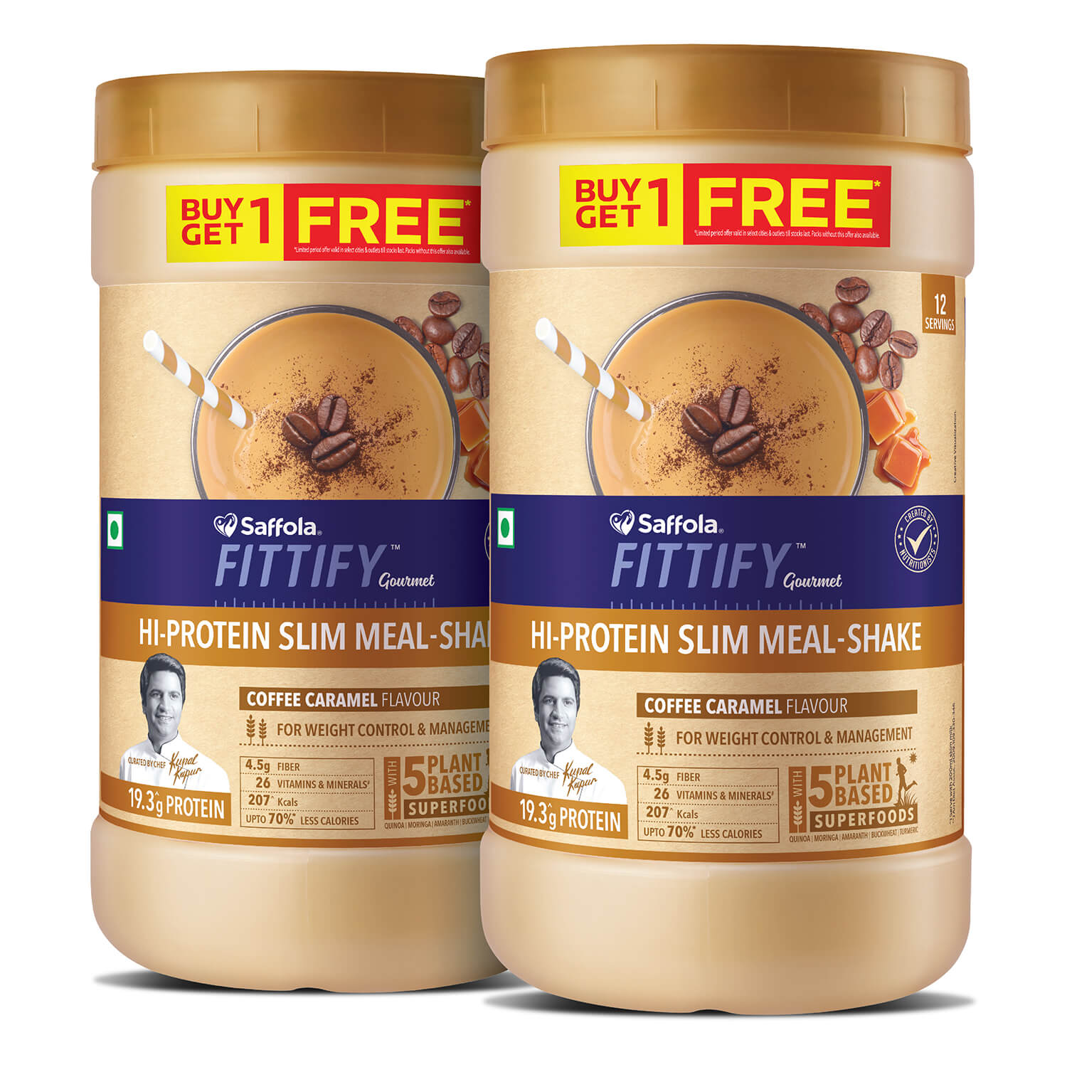 Saffola Fittify Hi-Protein Slim Meal Shake Coffee Caramel BOGO + Metal Blue Shaker With Compartment 500ml Combo