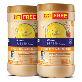 Saffola Fittify Hi-Protein Slim Meal Shake Royal Kesar Pista BOGO + Metal Blue Shaker With Compartment 500ml Combo