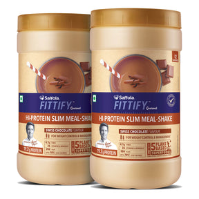 [SALE] Saffola Fittify Hi-Protein Slim Meal Shake Swiss Chocolate BOGO + Metal Blue Shaker With Compartment 500ml Combo