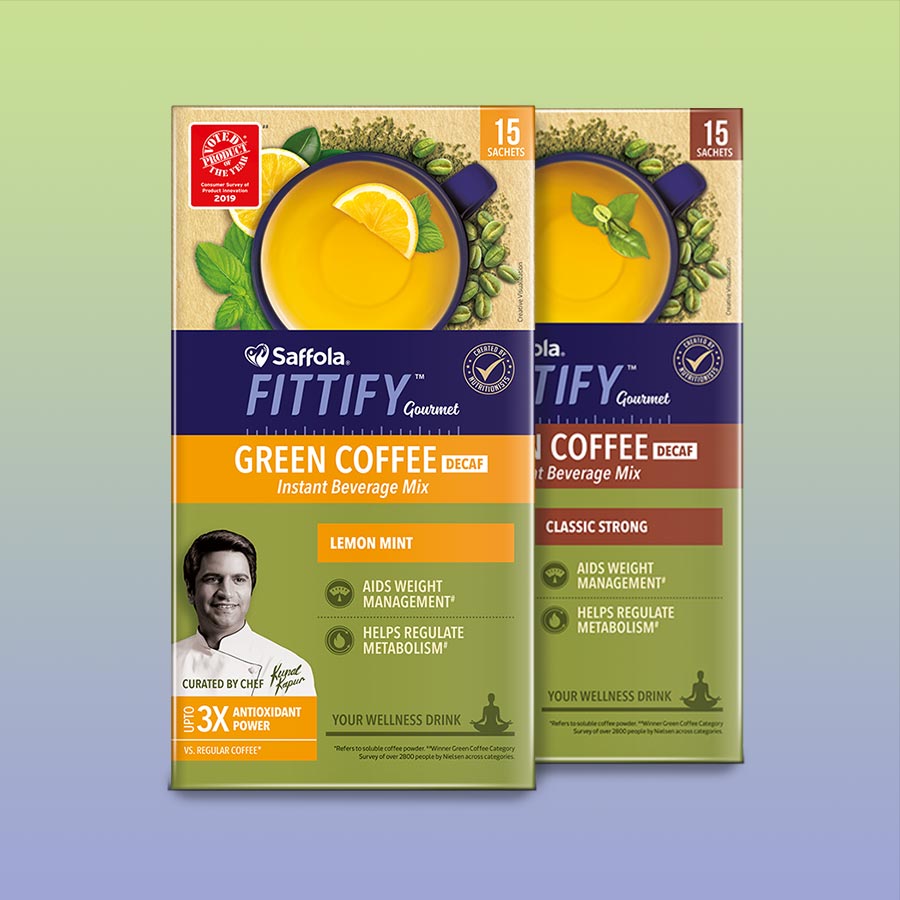 Saffola Fittify Green Coffee - Lemon Mint + Classic Strong Combo - Pack of 2