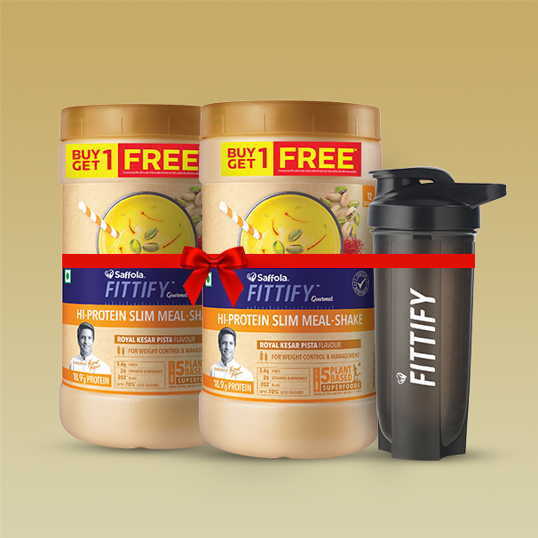 [SALE] Saffola Fittify Hi-Protein Slim Meal Shake Royal Kesar Pista BOGO + Plastic Black Shaker 700ml Combo