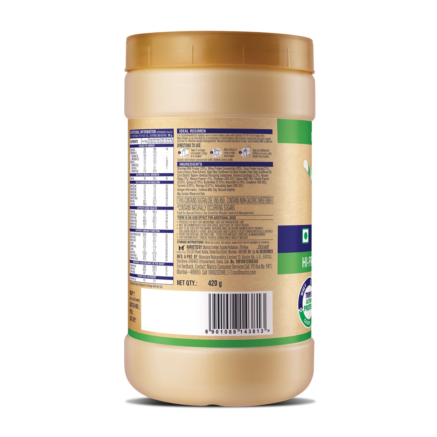 Saffola Fittify Hi-Protein Slim Meal Shake - Swiss Chocolate  420g + Pistachio Almond 420g