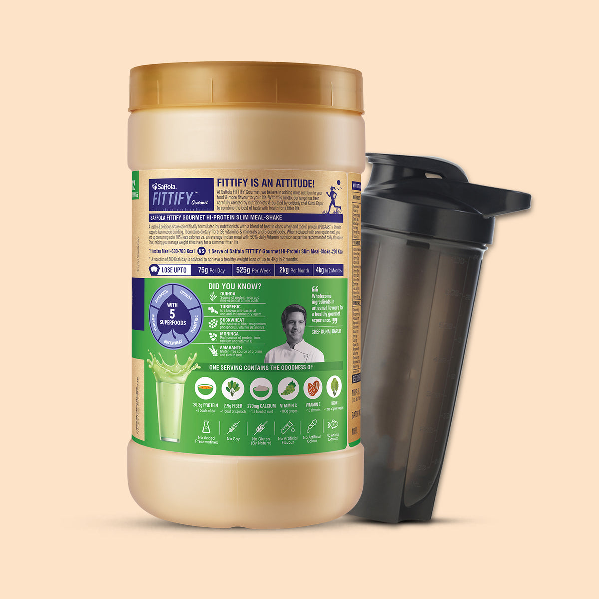[SALE] Saffola Fittify Hi-Protein Slim Meal Shake - Pistachio Almond 420g + Premium Plastic Shaker 700ml