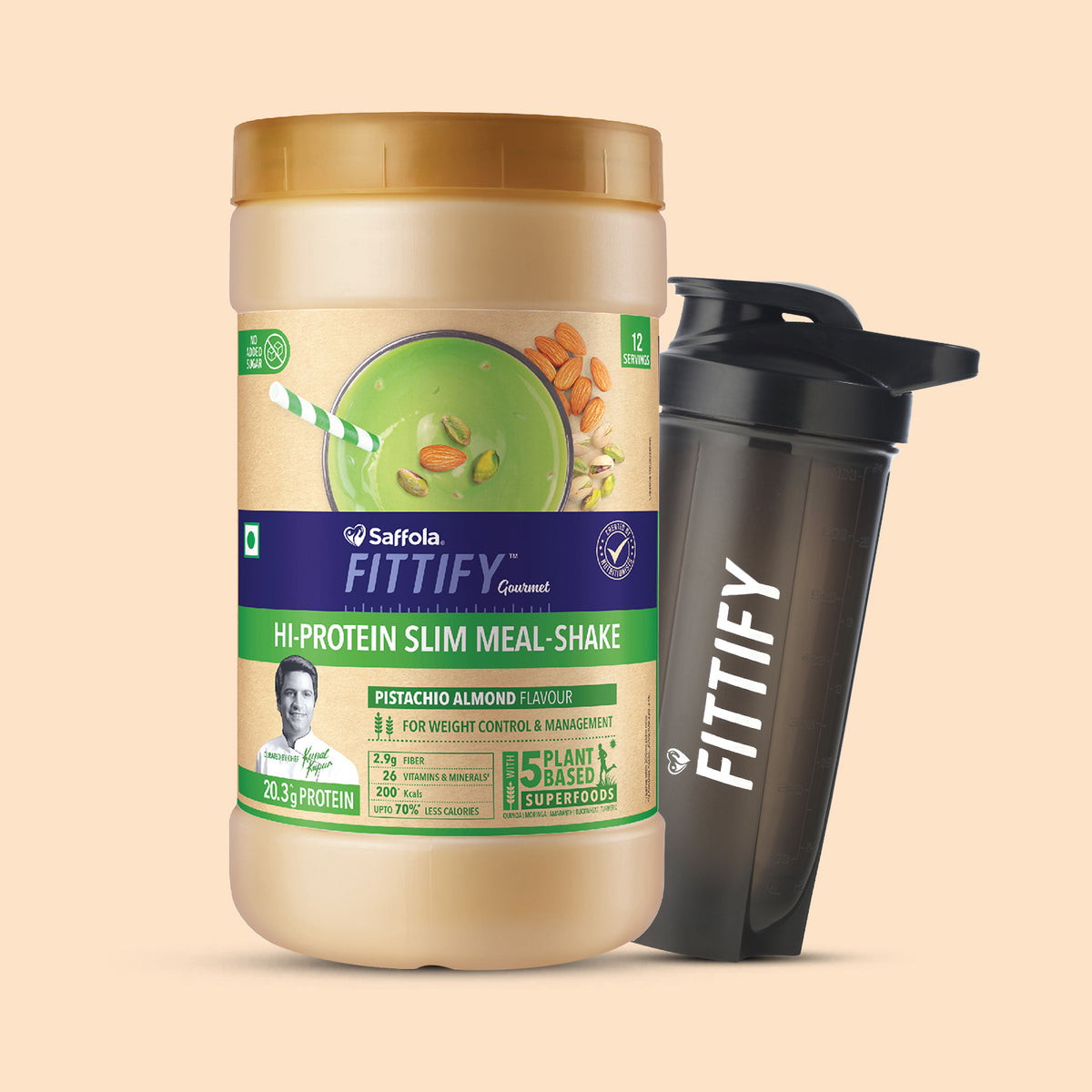 [SALE] Saffola Fittify Hi-Protein Slim Meal Shake - Pistachio Almond 420g + Premium Plastic Shaker 700ml