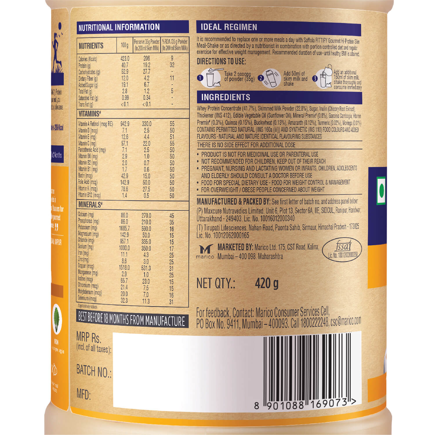 [SALE] Saffola Fittify Hi-Protein Slim Meal Shake - Alphonso Mango - BOGO - 840g