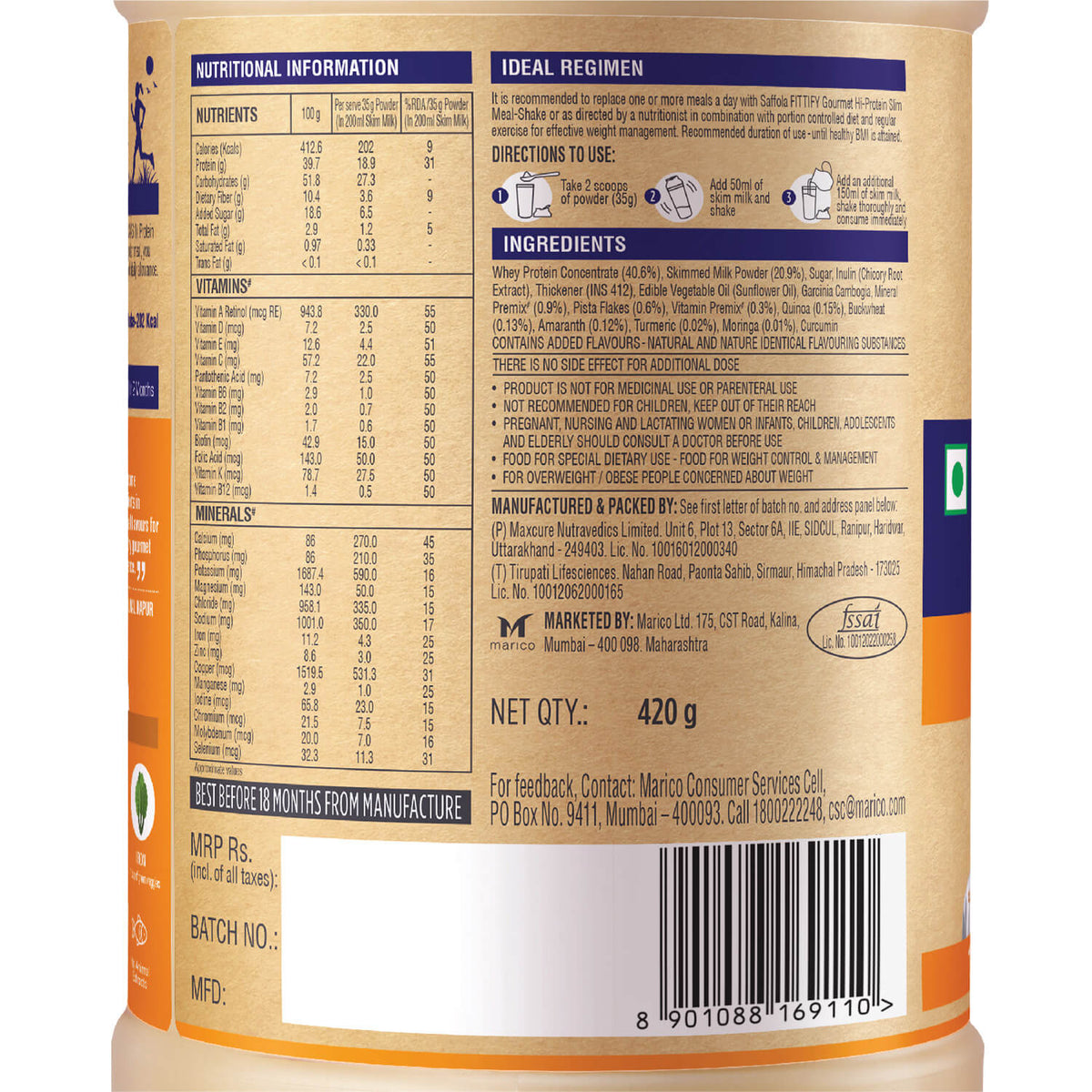[SALE] Saffola Fittify Hi-Protein Slim Meal Shake - Royal Kesar Pista - BOGO - 840g