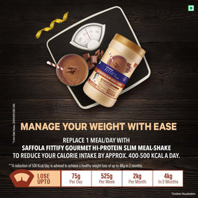 Saffola Fittify Hi-Protein Slim Meal Shake Swiss Chocolate BOGO + Metal Blue Shaker With Compartment 500ml Combo