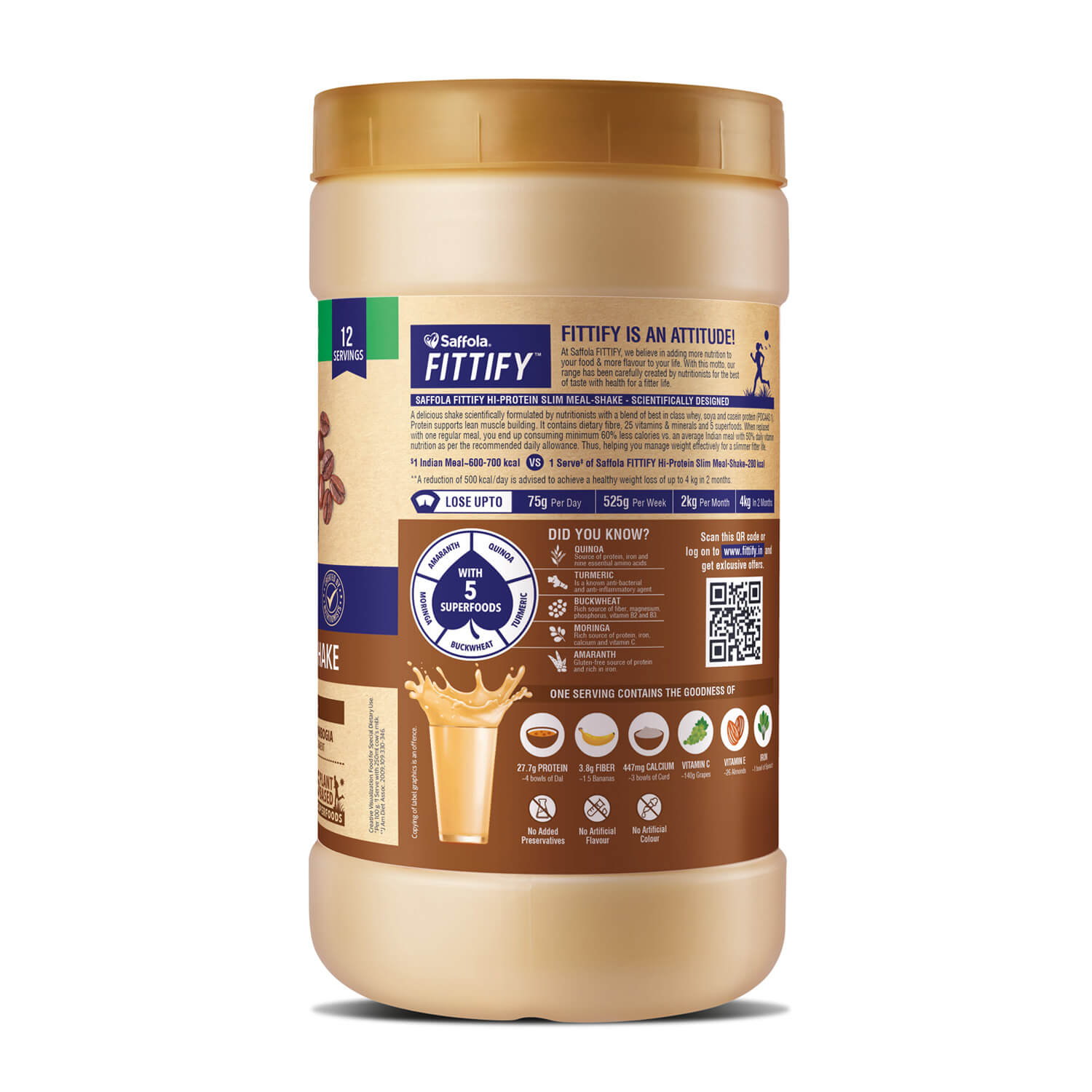 Saffola Fittify Hi-Protein Slim Meal Shake Cappuccino Coffee 840g - BOGO