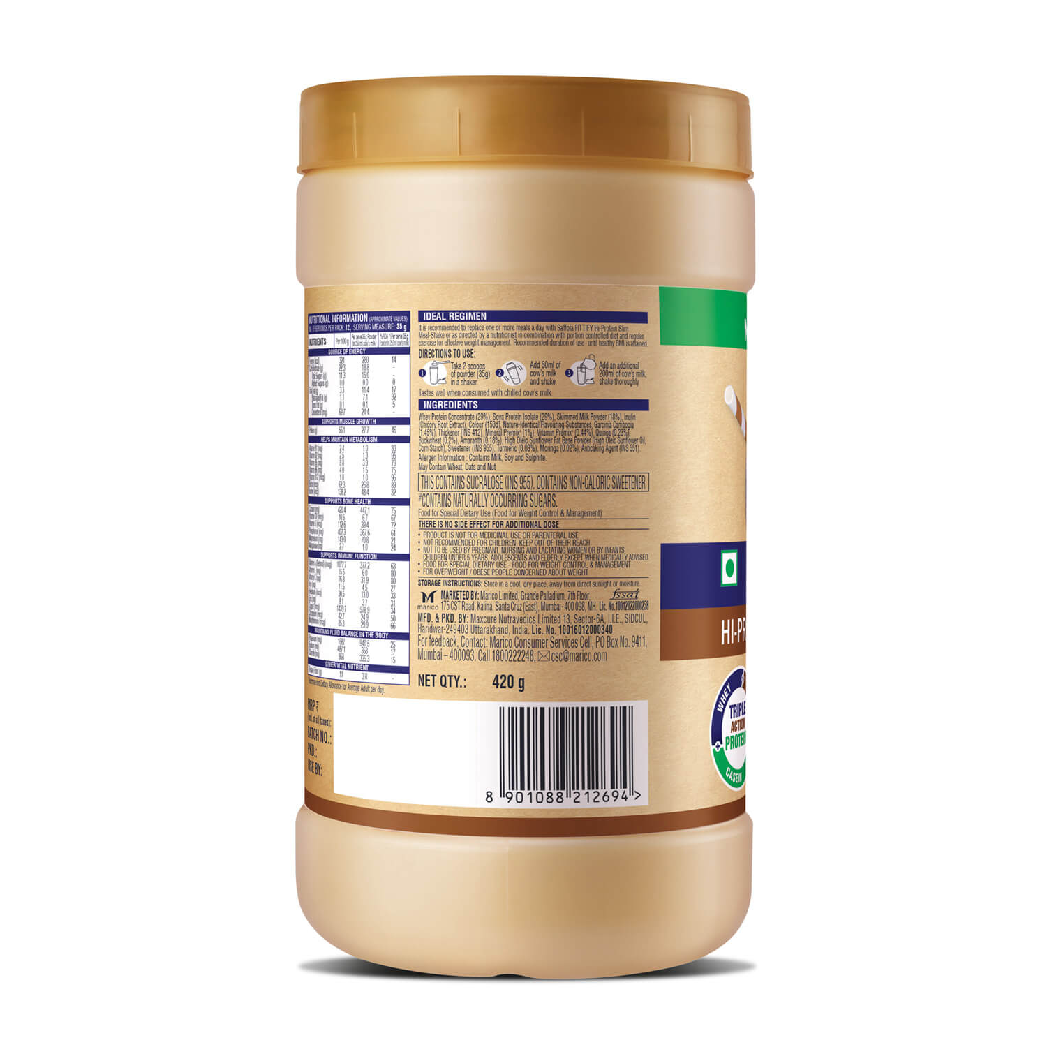Saffola Fittify Hi-Protein Slim Meal Shake Cappuccino Coffee - 420g
