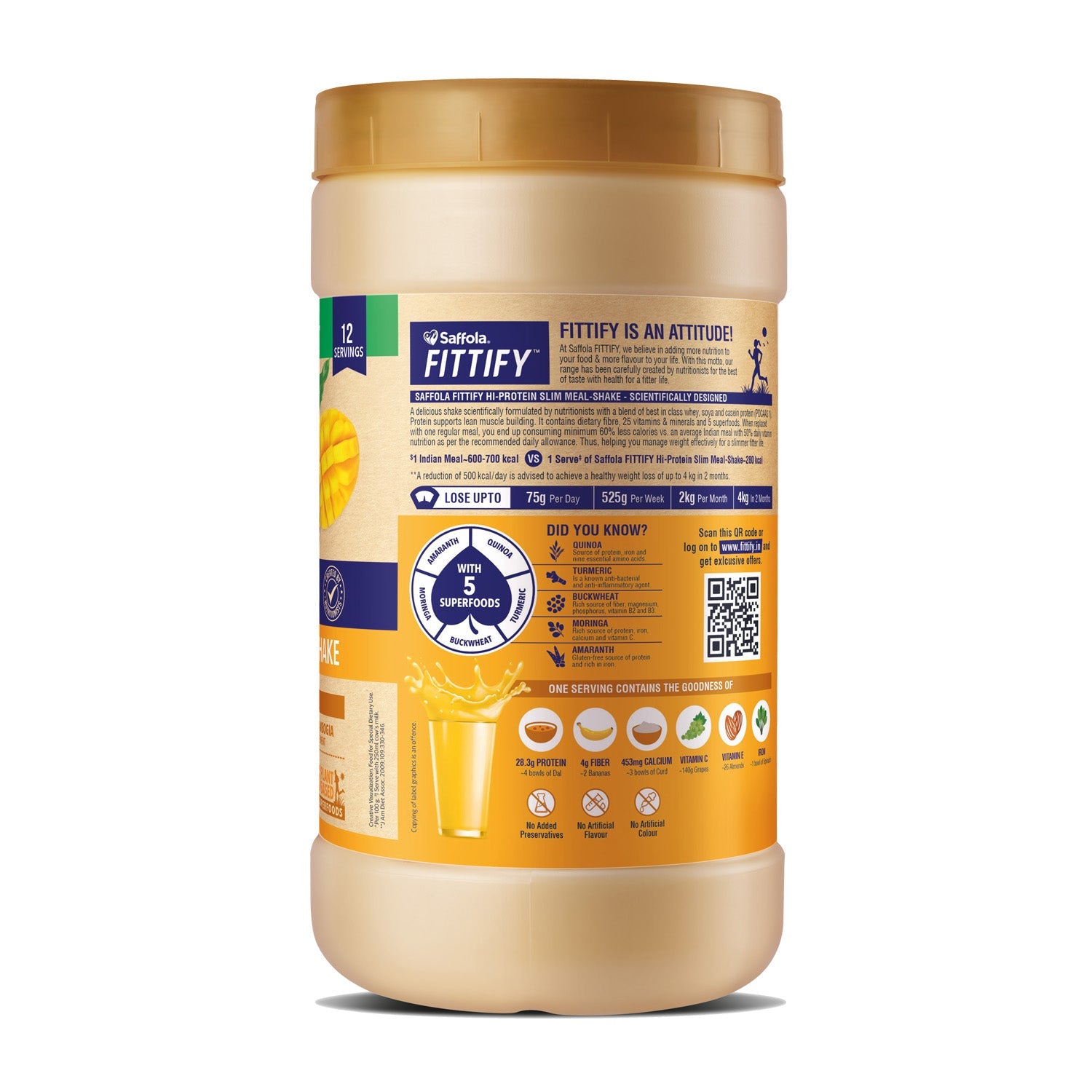 [SALE] Saffola Fittify Hi-Protein Slim Meal Shake - Alphonso Mango 420g + Premium Plastic Shaker 700ml