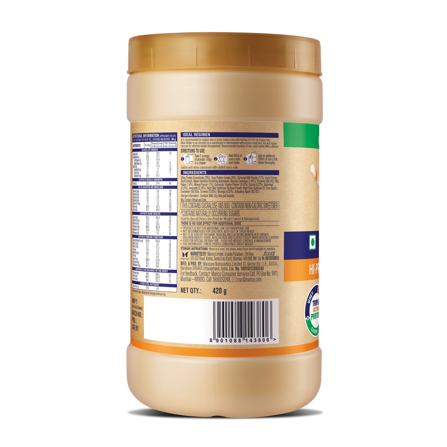 [SALE] Saffola Fittify Hi-Protein Slim Meal Shake - Royal Kesar Pista 420g + Premium Plastic Shaker 700ml