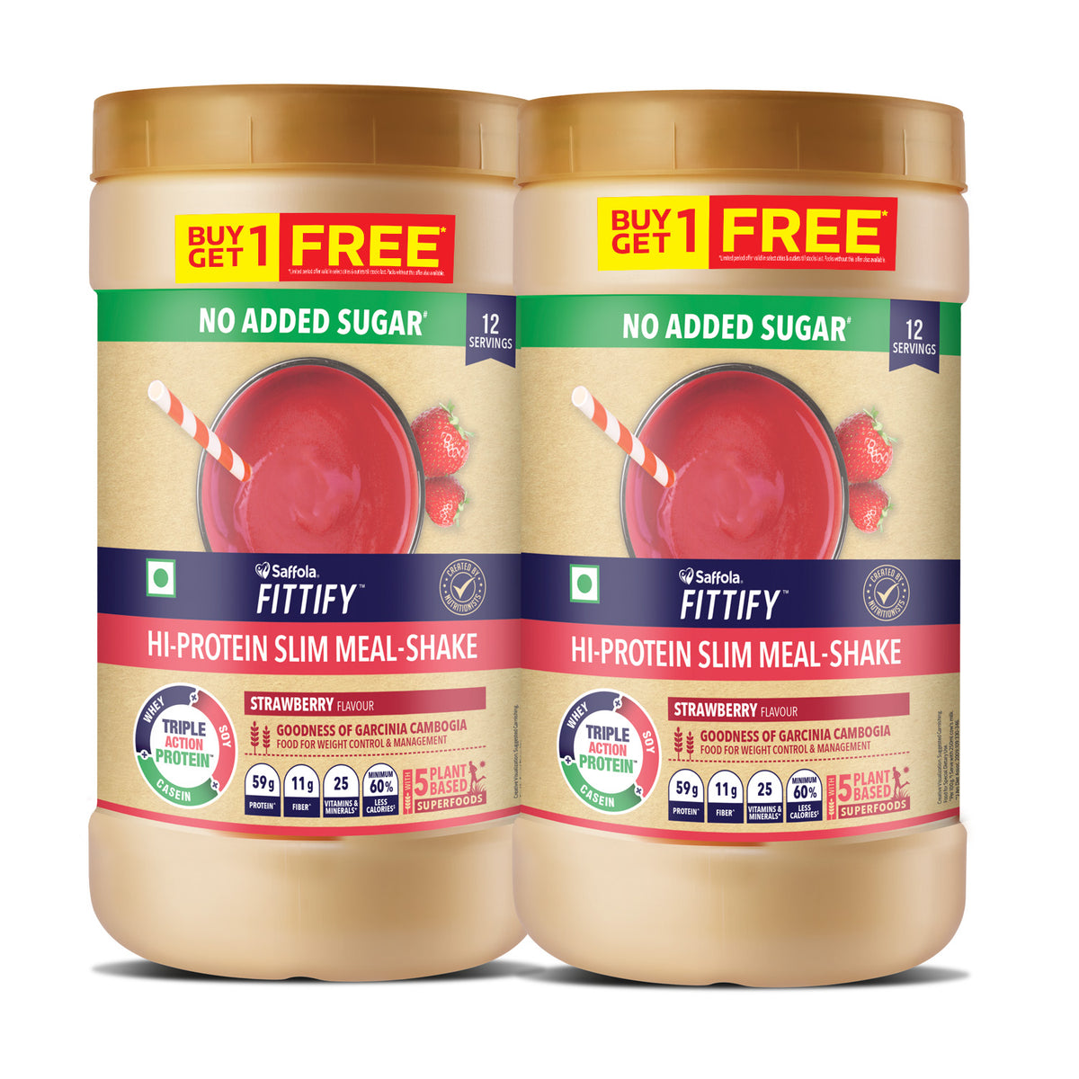 Hi Protein Slim Meal-Shake Strawberry No Added Sugar Buy 1 Get 1 Free 420 Gms (12 Servings)