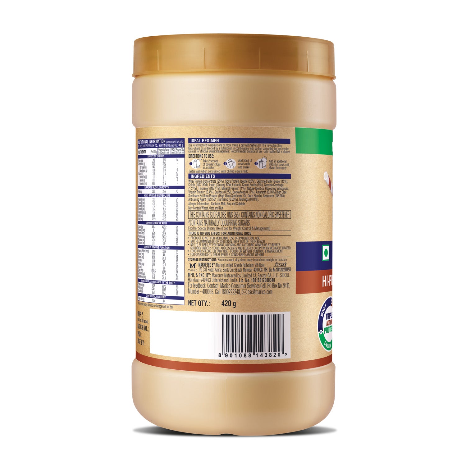 Saffola Fittify Hi-Protein Slim Meal Shake - Swiss Chocolate  420g + Pistachio Almond 420g